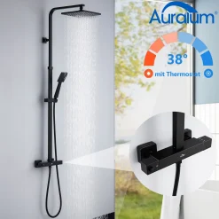Auralum Duschsystem Mit 38 °C Thermostat Duscharmatur Regendusche Duschset Dusch Mit Handbrause, Schwarz
