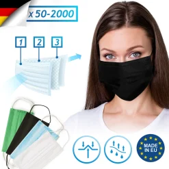 Virshields® Mund Und Nasenschutz - 200 STK, 3-lagig, Allgemeine Verwendung, Schwarz, EU - Masken Mundschutz, Einweg Gesichtsmaske, Einwegmasken, Schutzmasken, Einmalmasken, Maske