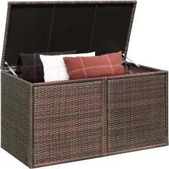 COSTWAY Auflagenbox Rattan 335L Stauraum, Kissenbox Mit Doppeltüren & Ablage, Truhenbank Sitzbank Für Terrasse Garten Balkon 115x60x65cm (Braun)