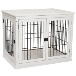 PawHut Hundehütte Hundehaus Transportbox Mit Tischoberfläche Kleintierkäfig Für Innen Hundebox Tierkäfig Haustier MDF Metall Weiß 81 X 58,5 X 66 Cm