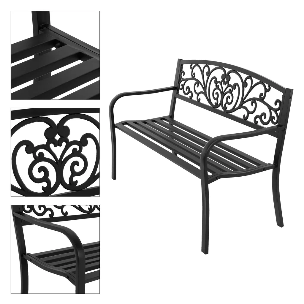 ECD Germany Gartenbank Mit Armlehnen & Rückenlehne Mit Muster, Schwarz, Aus Stahl Und Gusseisen, Wetterfeste Terrassenbank, Metallbank Für Garten Terrasse 4 ECD Germany Gartenbank Mit Armlehnen & Rückenlehne Mit Muster, Schwarz, Aus Stahl Und Gusseisen, Wetterfeste Terrassenbank, Metallbank Für Garten Terrasse – Bild 4