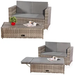 Mucola Lounge Gartenmöbel Sofa Bank Tisch Klappbar Rattan Gartenset Sitzmöbel Grau NEU