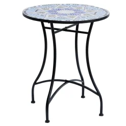 Outsunny Gartentisch Mosaiktisch Balkontisch Beistelltisch Seviertisch Rund Stahl + Keramik Blau + Weiß Ø60 X H71 Cm