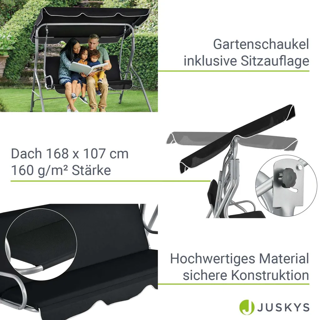 Juskys Hollywoodschaukel 3-Sitzer Mit Dach & Sitzauflage – Gartenschaukel 200 Kg Belastbar – Schaukelbank Für Garten & Terrasse - Schwarz 4 Juskys Hollywoodschaukel 3-Sitzer Mit Dach & Sitzauflage – Gartenschaukel 200 Kg Belastbar – Schaukelbank Für Garten & Terrasse - Schwarz – Bild 4