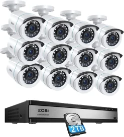 ZOSI 1080P HD Aussen Überwachungssystem, 16CH 2TB DVR Mit 12x 2MP Bullet Kamera, Bewegungserkennung, Intelligente Alarme, IP66 Wasserdicht