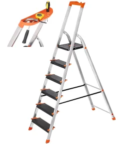 SONGMICS Leiter 6 Stufen, Max. Statische Belastbarkeit 150 Kg, 12 Cm Breite Stufen, Mehrzweckleiter, Aluleiter, Stehleiter, Werkzeugschale, Klappleiter, Rutschfest, Rheinland GS-Zertifikat, Erfüllt EN131 GLT06BK