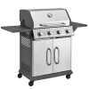 Juskys Gasgrill Kansas Mit 4 Brenner 12 KW, BBQ Grill Mit Gusseisen-Grillrost, Warmhalterost & Thermometer, XL Grillwagen 2 Seitenablagen & 4 Räder