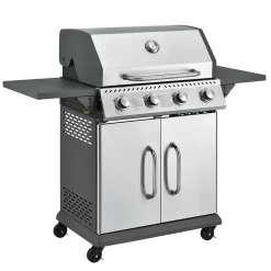 Juskys Gasgrill Kansas Mit 4 Brenner 12 KW, BBQ Grill Mit Gusseisen-Grillrost, Warmhalterost & Thermometer, XL Grillwagen 2 Seitenablagen & 4 Räder