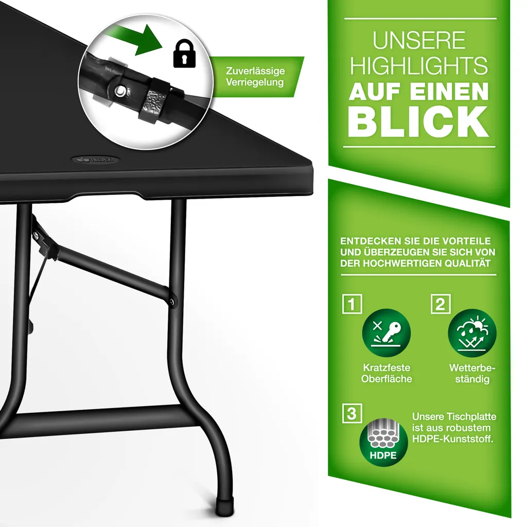 Tillvex Gartentisch 180x75cm Schwarz Klappbar Kunststoff | Buffettisch Mit Tragegriff | Klapptisch Für Garten Terrasse Und Balkon | Campingtisch 6 Personen 2 Tillvex Gartentisch 180x75cm Schwarz Klappbar Kunststoff | Buffettisch Mit Tragegriff | Klapptisch Für Garten Terrasse Und Balkon | Campingtisch 6 Personen – Bild 2