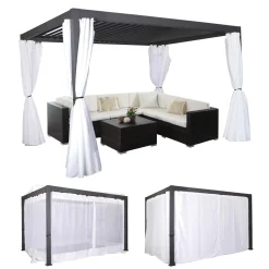 Mendler Pergola HWC-J32, Garten Lamellen-Pavillon, 11cm-Alu-Gestell 4x3m Dunkelgrau Mit Seitenwand + Moskitonetz Weiß