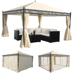Mendler Pergola Calpe, Garten Pavillon, Stabiles 7cm-Gestell Mit Seitenwand + Moskitonetz Creme 4x4m