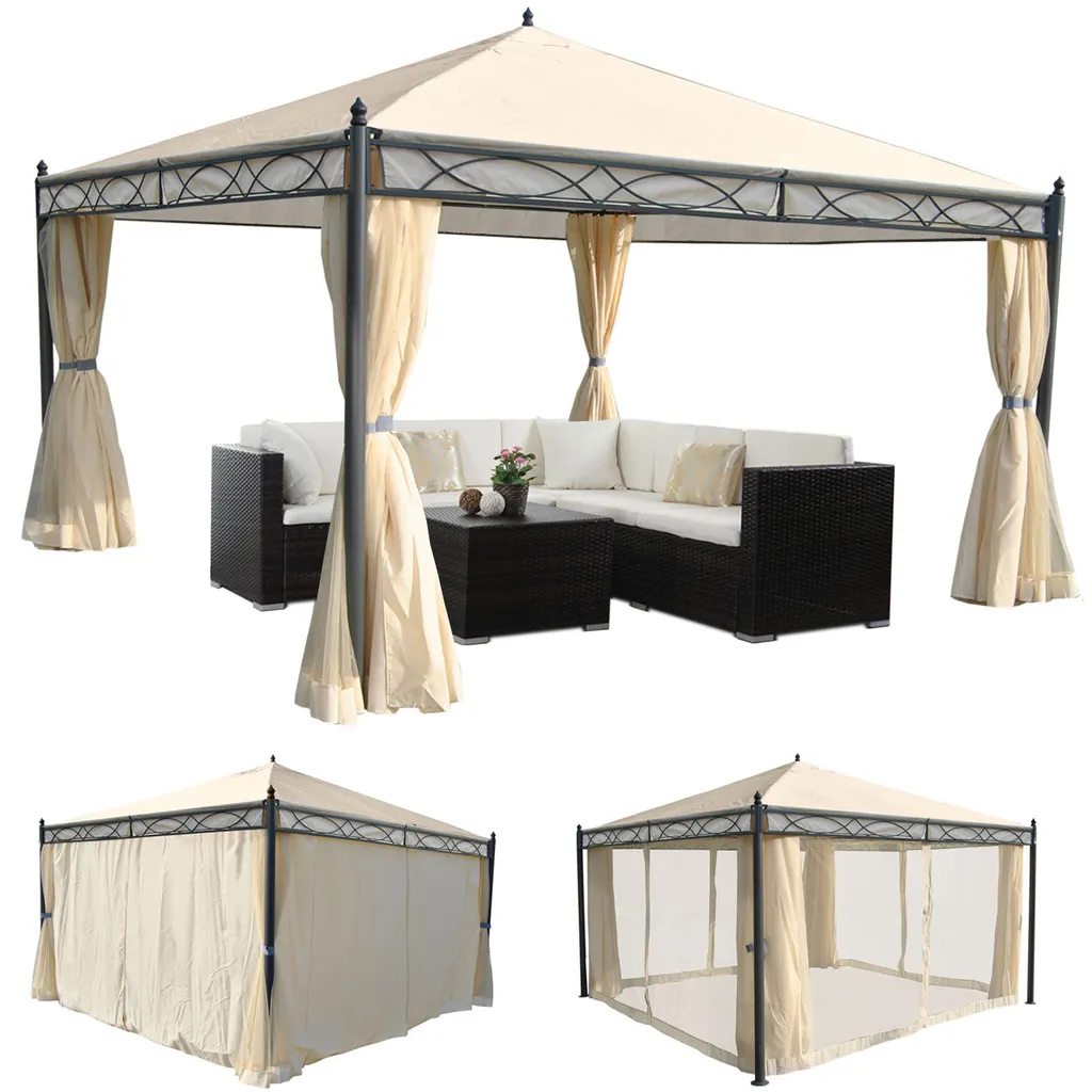 Mendler Pergola Calpe, Garten Pavillon, Stabiles 7cm-Gestell Mit Seitenwand + Moskitonetz Creme 4x4m 1 Mendler Pergola Calpe, Garten Pavillon, Stabiles 7cm-Gestell Mit Seitenwand + Moskitonetz Creme 4x4m