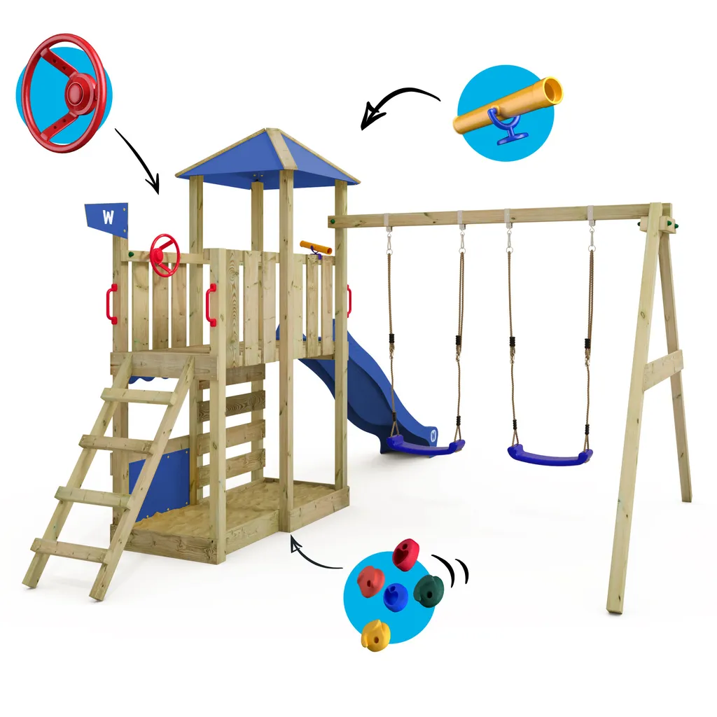 WICKEY Spielturm Klettergerüst Smart Savana Mit Schaukel & Rutsche, Spielhaus Mit Kletterleiter & Spiel-Zubehör - Blau 5 WICKEY Spielturm Klettergerüst Smart Savana Mit Schaukel & Rutsche, Spielhaus Mit Kletterleiter & Spiel-Zubehör - Blau – Bild 5