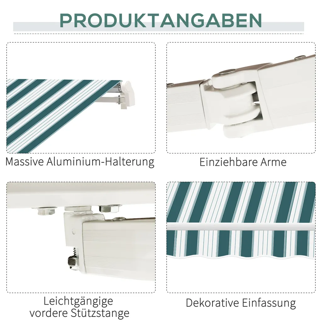 Outsunny Manuelle Gelenkarmmarkise 395 Cm Markise Mit Handkurbel Balkonmarkise Sonnenschutz Wandmontage Balkon Alu Weiß+Grün 395 X 245 Cm 7 Outsunny Manuelle Gelenkarmmarkise 395 Cm Markise Mit Handkurbel Balkonmarkise Sonnenschutz Wandmontage Balkon Alu Weiß+Grün 395 X 245 Cm – Bild 7