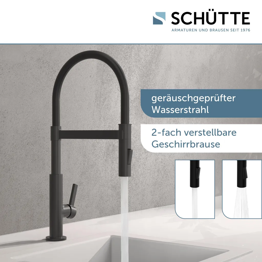 Schütte SCHÜTTE Küchenarmatur MIAMI, Wasserhahn Küche Mit Geschirrbrause, 360° Schwenkbare Küchenarmatur, Schwarz Matt 2 Schütte SCHÜTTE Küchenarmatur MIAMI, Wasserhahn Küche Mit Geschirrbrause, 360° Schwenkbare Küchenarmatur, Schwarz Matt – Bild 2