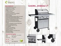 Tepro Gasgrill Rosedale, 3-Brenner Mit Seitenkocher, Max. 12,8 Kw, Grillfläche: 53 X 40 Cm -Garten- & Gewächshäuser Geschäft adc0b35d18b5c7546faf6cf7e2c8458a