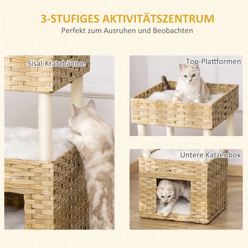 Pawhut Katzenhöhle Aus Rattan Katzenkorb Mit Kratzstamm 3-stöckiges Katzenbett Katzenhöhle Katzenturm Mit 3 Kissen Liegedach Sisal Natur 40 X 40 X 70 Cm 4 Pawhut Katzenhöhle Aus Rattan Katzenkorb Mit Kratzstamm 3-stöckiges Katzenbett Katzenhöhle Katzenturm Mit 3 Kissen Liegedach Sisal Natur 40 X 40 X 70 Cm – Bild 4