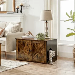 FEANDREA Katzentoilette, XXL, Katzenhaus, Mit Zwei Türen, Stark Und Langlebig, Ein Geschwungener Eingang, Mehr Platz, Vintagebraun-schwarz PCL002X02