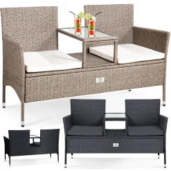 KESSER® Polyrattan Gartenbank 2-Sitzer Bank Mit Integriertem Inkl. Tisch & Kissen - 133 × 63 × 84 Cm - Rattan Sitzbank Garten Balkon Gartensofa Wetterfest Sitzgruppe Ultra Stabile, Farbe:Grau