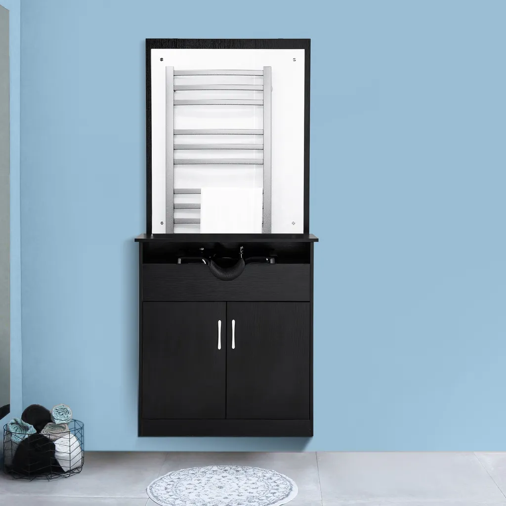 Barberpub Friseur Waschtisch Friseurwaschplatz 3130BK, Mit Waschbecken, Mit Wandspiegel, Mit Unterschrank 80 Cm, Friseur Salon SPA Friseureinrichtung, MFC+PVC, Schwarz, 47,5 X 84 X 169 Cm 2 Barberpub Friseur Waschtisch Friseurwaschplatz 3130BK, Mit Waschbecken, Mit Wandspiegel, Mit Unterschrank 80 Cm, Friseur Salon SPA Friseureinrichtung, MFC+PVC, Schwarz, 47,5 X 84 X 169 Cm – Bild 2