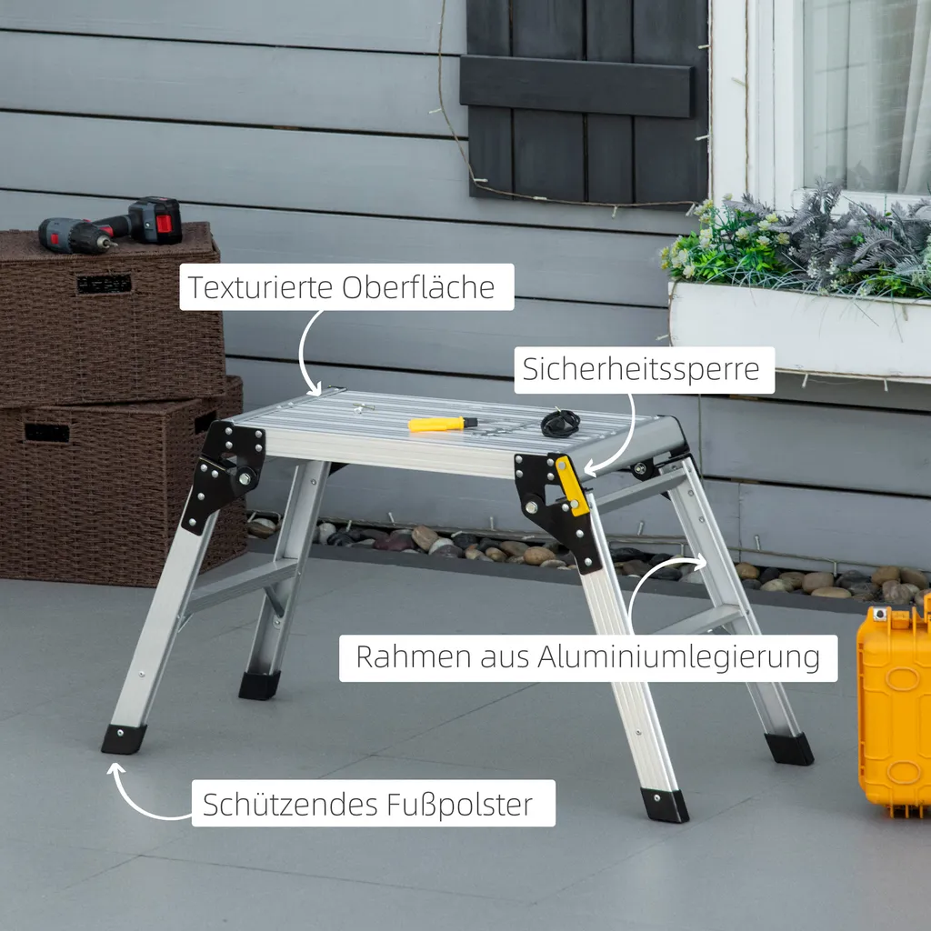 DURHAND Werkbank Klappstufen Klappbare Arbeitsplattform Rutschfester Werktisch Mit Sicherheitsriegel Bis 150 KG Aluminiumlegierung Stahl Silber 94 X 38,5 X 48cm 4 DURHAND Werkbank Klappstufen Klappbare Arbeitsplattform Rutschfester Werktisch Mit Sicherheitsriegel Bis 150 KG Aluminiumlegierung Stahl Silber 94 X 38,5 X 48cm – Bild 4