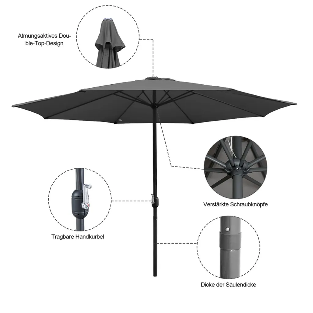 Wolketon 3m-3.5m Sonnenschirm Marktschirm Mit Handkurbel UV40+ Outdoor-Schirm Terrassen Gartenschirm,Grau,3.5m 5 Wolketon 3m-3.5m Sonnenschirm Marktschirm Mit Handkurbel UV40+ Outdoor-Schirm Terrassen Gartenschirm,Grau,3.5m – Bild 5
