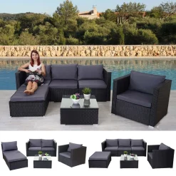 Mendler Poly-Rattan-Garnitur Brescia, Gartengarnitur Sitzgruppe Sofa Lounge-Set Schwarz, Kissen Anthrazit