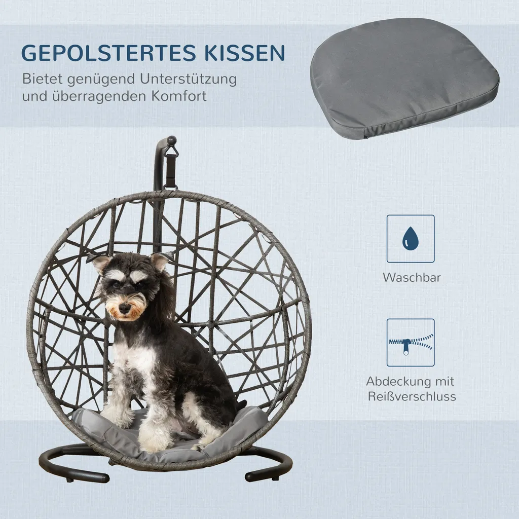 PawHut Rattan Hundehütte Mit Kissen Hundehaus Haustierbett Katzenhaus Katzenkorb Katzenhöhle Hängesessel Hängematte Für Hunde Katzen Outdoor Grau+Schwarz 60 X 53 X 76 Cm 4 PawHut Rattan Hundehütte Mit Kissen Hundehaus Haustierbett Katzenhaus Katzenkorb Katzenhöhle Hängesessel Hängematte Für Hunde Katzen Outdoor Grau+Schwarz 60 X 53 X 76 Cm – Bild 4