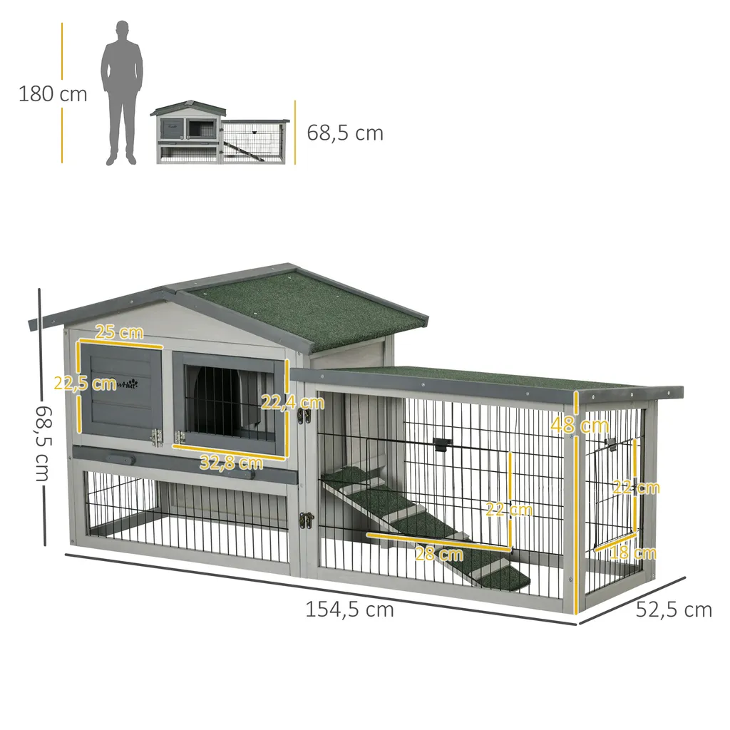 Pawhut Kleintierstall Kleintierkäfig Meerschweinchenstall Mit Freilauf Rampe Asphaltdach Doppelstöckig Tannenholz Grau 154,5 X 52,5 X 68,5 Cm 3 Pawhut Kleintierstall Kleintierkäfig Meerschweinchenstall Mit Freilauf Rampe Asphaltdach Doppelstöckig Tannenholz Grau 154,5 X 52,5 X 68,5 Cm – Bild 3