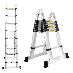 Wolketon 5M(2.5+2.5M) Alu Teleskop Klappleiter, Groosse Anwendbarkeit Multifunktionsleiter, Klappbar Leiter, 150 Kg Belastbarkeit Leiter Fuer Garten Innen