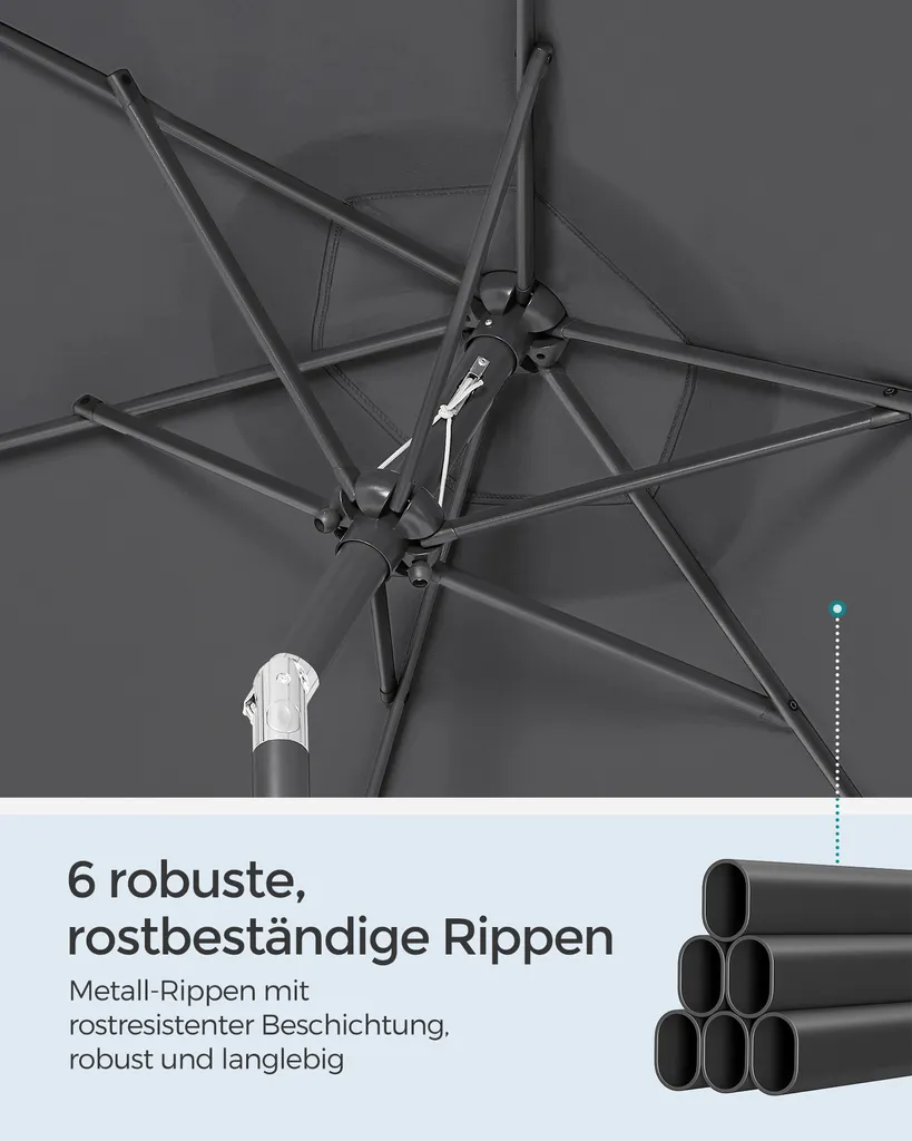 SONGMICS Sonnenschirm 210 Cm, UPF 50+, Beidseitig Um 30° Knickbar, Sonnenschutz, Mit Kurbel Zum Öffnen/Schließen, Grau GPU202G01 6 SONGMICS Sonnenschirm 210 Cm, UPF 50+, Beidseitig Um 30° Knickbar, Sonnenschutz, Mit Kurbel Zum Öffnen/Schließen, Grau GPU202G01 – Bild 6
