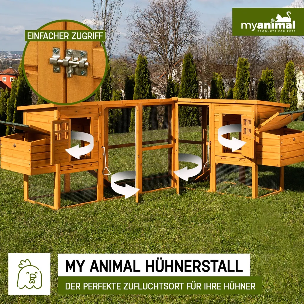 MyAnimal XXXL Hühnerstall MH-13 - Wetterfest & Winterfest - Hochwertiges Kiefernholz (Braun) - Für 8 Hühner - Nistkästen - Etagen Mit Rampen - Sitzstange - Türverriegelungen - Hühnerhaus L-Form 2 MyAnimal XXXL Hühnerstall MH-13 - Wetterfest & Winterfest - Hochwertiges Kiefernholz (Braun) - Für 8 Hühner - Nistkästen - Etagen Mit Rampen - Sitzstange - Türverriegelungen - Hühnerhaus L-Form – Bild 2