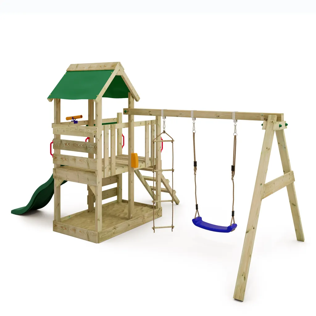 WICKEY Spielturm Klettergerüst TurboFlyer Mit Schaukel & Rutsche, Kletterturm Mit Sandkasten, Leiter & Spiel-Zubehör - Grün 2 WICKEY Spielturm Klettergerüst TurboFlyer Mit Schaukel & Rutsche, Kletterturm Mit Sandkasten, Leiter & Spiel-Zubehör - Grün – Bild 2