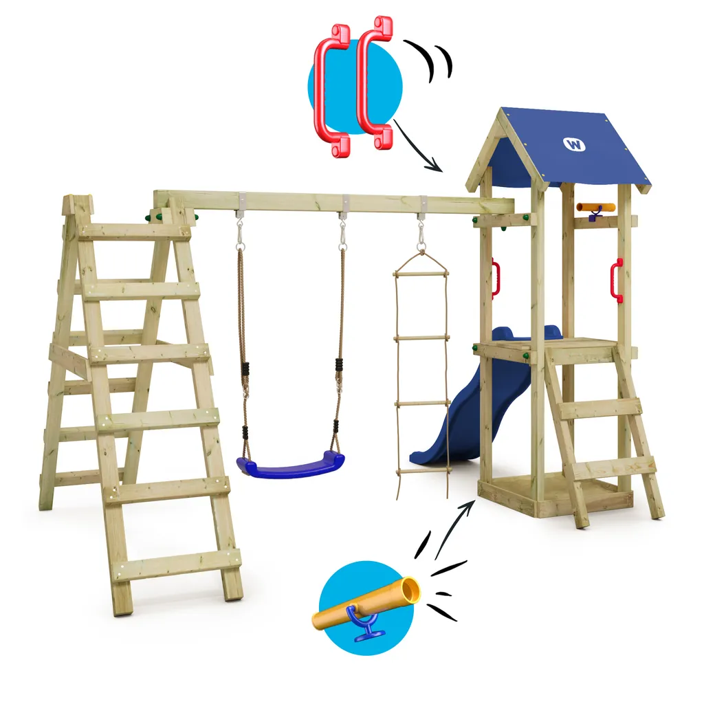 WICKEY Spielturm Klettergerüst TinyLoft Mit Schaukel & Rutsche, Kletterturm Mit Sandkasten, Leiter & Spiel-Zubehör - Blau 5 WICKEY Spielturm Klettergerüst TinyLoft Mit Schaukel & Rutsche, Kletterturm Mit Sandkasten, Leiter & Spiel-Zubehör - Blau – Bild 5