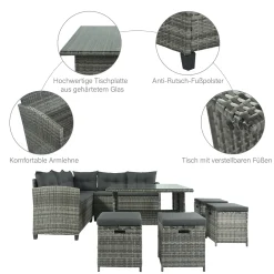 Merax Gartenlounge-Set Polyrattan Lounge Für 9 Personen, 5er Ecksofa, 1xTisch Mit Glas, 4x Hocker Mit Kissen, Gartenmöbel Set Balkonset, Grau 15 Merax Gartenlounge-Set Polyrattan Lounge Für 9 Personen, 5er Ecksofa, 1xTisch Mit Glas, 4x Hocker Mit Kissen, Gartenmöbel Set Balkonset, Grau -Garten- & Gewächshäuser Geschäft b664afedae77a26bd79da4ac2f62353b