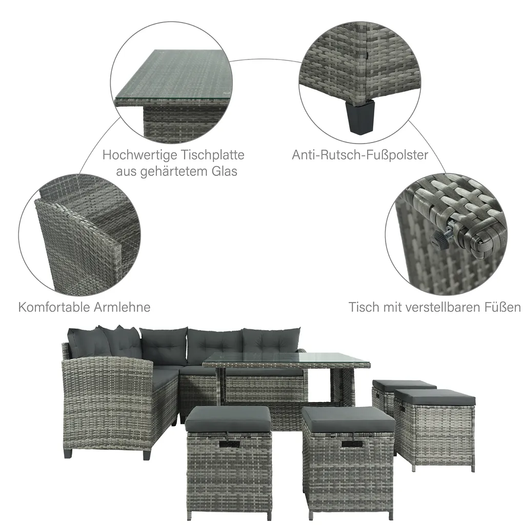 Merax Gartenlounge-Set Polyrattan Lounge Für 9 Personen, 5er Ecksofa, 1xTisch Mit Glas, 4x Hocker Mit Kissen, Gartenmöbel Set Balkonset, Grau 3 Merax Gartenlounge-Set Polyrattan Lounge Für 9 Personen, 5er Ecksofa, 1xTisch Mit Glas, 4x Hocker Mit Kissen, Gartenmöbel Set Balkonset, Grau – Bild 3