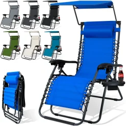 KESSER® - Sonnenliege Liegestuhl Mit Sonnendach Getränkehalter | Verstellbar Rückenlehne | Abnehmbares Kopfkissen Kopfpolster| Klappbar | Stahlrahmen | Garten Liege Hochlehner | Gartenstuhl, Farbe:Beige