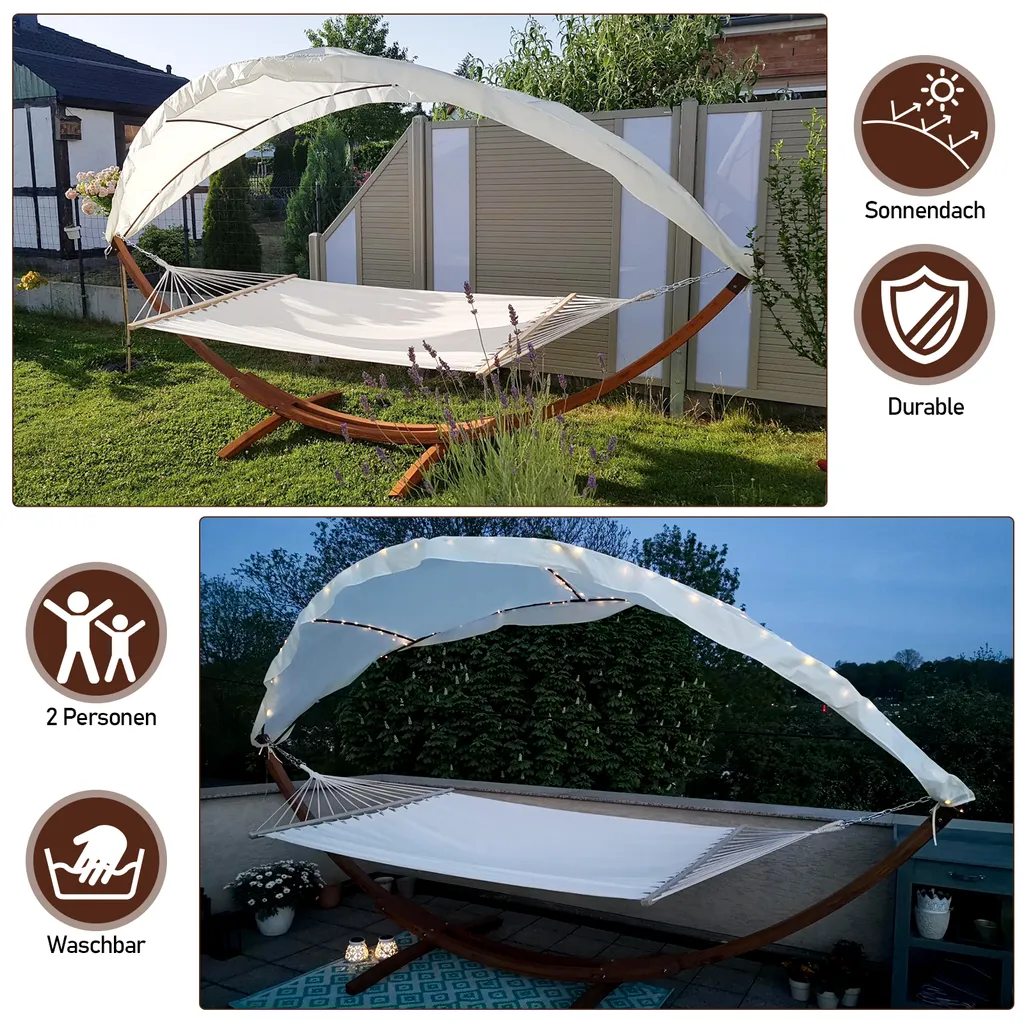 Clanmacy Haengematte Mit Gestell Und Sonnendach, Hammock Aus Wetterfestem Laerchenholz, Bis 200kg, Stabhaengematte Fuer 2 Personen Outdoor Und Indoor 2 Clanmacy Haengematte Mit Gestell Und Sonnendach, Hammock Aus Wetterfestem Laerchenholz, Bis 200kg, Stabhaengematte Fuer 2 Personen Outdoor Und Indoor – Bild 2
