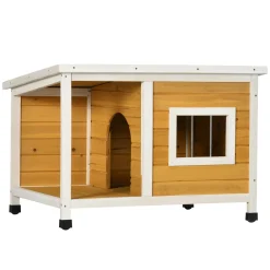 PawHut Hundehütte, Tannenholz, Hundehaus Mit Terrasse Und Aufklappbarem Asphaltdach, Hütte Für Kleine Hunde, Indoor, Outdoor, Wetterfest, Orange, 85,5 X 62 X 60 Cm