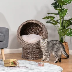 PawHut Rattan Katzenkorb Katzenhöhle Katzenhütte Katzenbett Mit Kissen Haustierbett Wasserhyazinthe Dunkelbraun 42 X 33 X 52 Cm -Garten- & Gewächshäuser Geschäft ba390003468da35f272fe6f1a28d7e5d