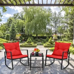 COSTWAY 3-teiliges Gartenmöbel-Set, Balkonmöbel, Tisch Und 2 Schaukelstühle, Sitzgruppe Terrassenmöbel Mit Kissen Für Garten, Hinterhof, Balkon (Rot)