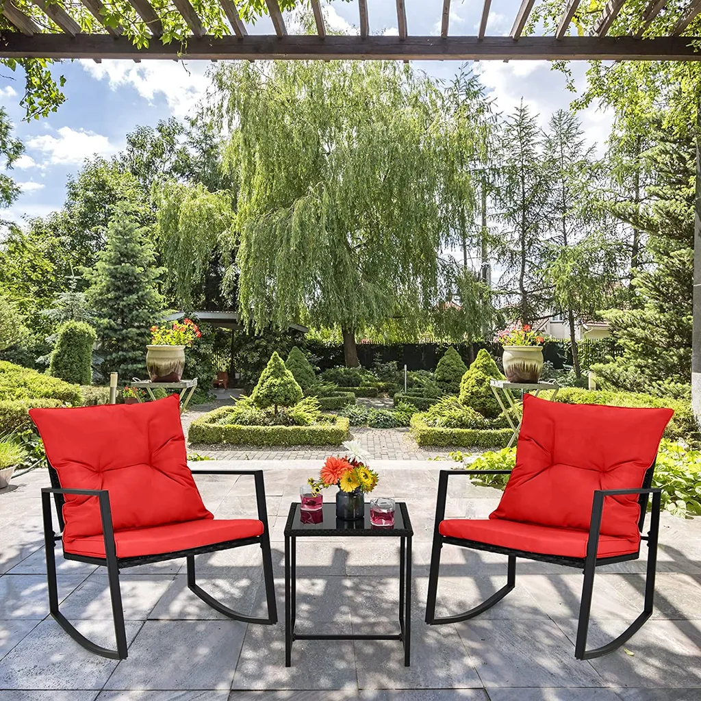 COSTWAY 3-teiliges Gartenmöbel-Set, Balkonmöbel, Tisch Und 2 Schaukelstühle, Sitzgruppe Terrassenmöbel Mit Kissen Für Garten, Hinterhof, Balkon (Rot) 1 COSTWAY 3-teiliges Gartenmöbel-Set, Balkonmöbel, Tisch Und 2 Schaukelstühle, Sitzgruppe Terrassenmöbel Mit Kissen Für Garten, Hinterhof, Balkon (Rot)