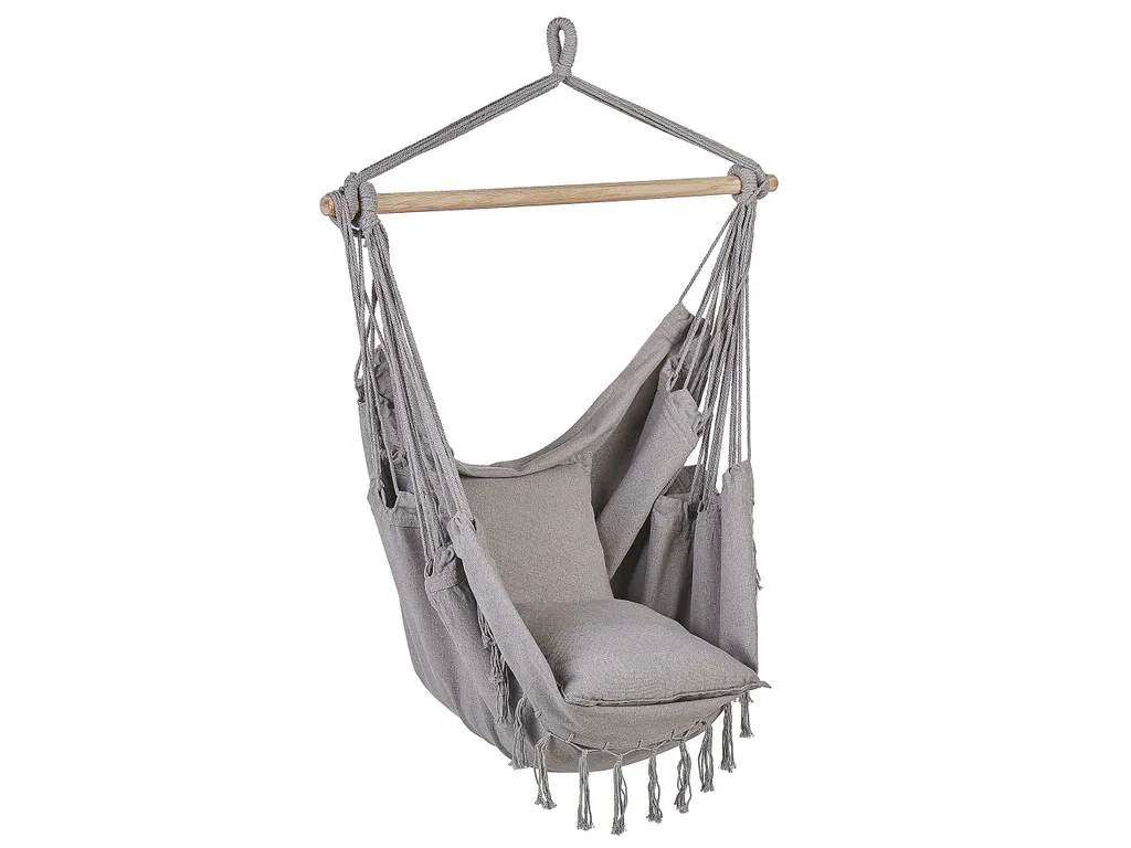 Beliani Hängesessel Hellgrau Aus Buchenholz Und Baumwolle Schlafzimmer Wohnbereich Balkon Boho-Stil Modernes Design 1 Beliani Hängesessel Hellgrau Aus Buchenholz Und Baumwolle Schlafzimmer Wohnbereich Balkon Boho-Stil Modernes Design