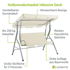 Juskys Hollywoodschaukel 3-Sitzer Mit Dach & Sitzauflage – Gartenschaukel 200 Kg Belastbar – Schaukelbank Für Garten & Terrasse - Beige -Garten- & Gewächshäuser Geschäft ba904e71f528132bc8ec2c1882663811
