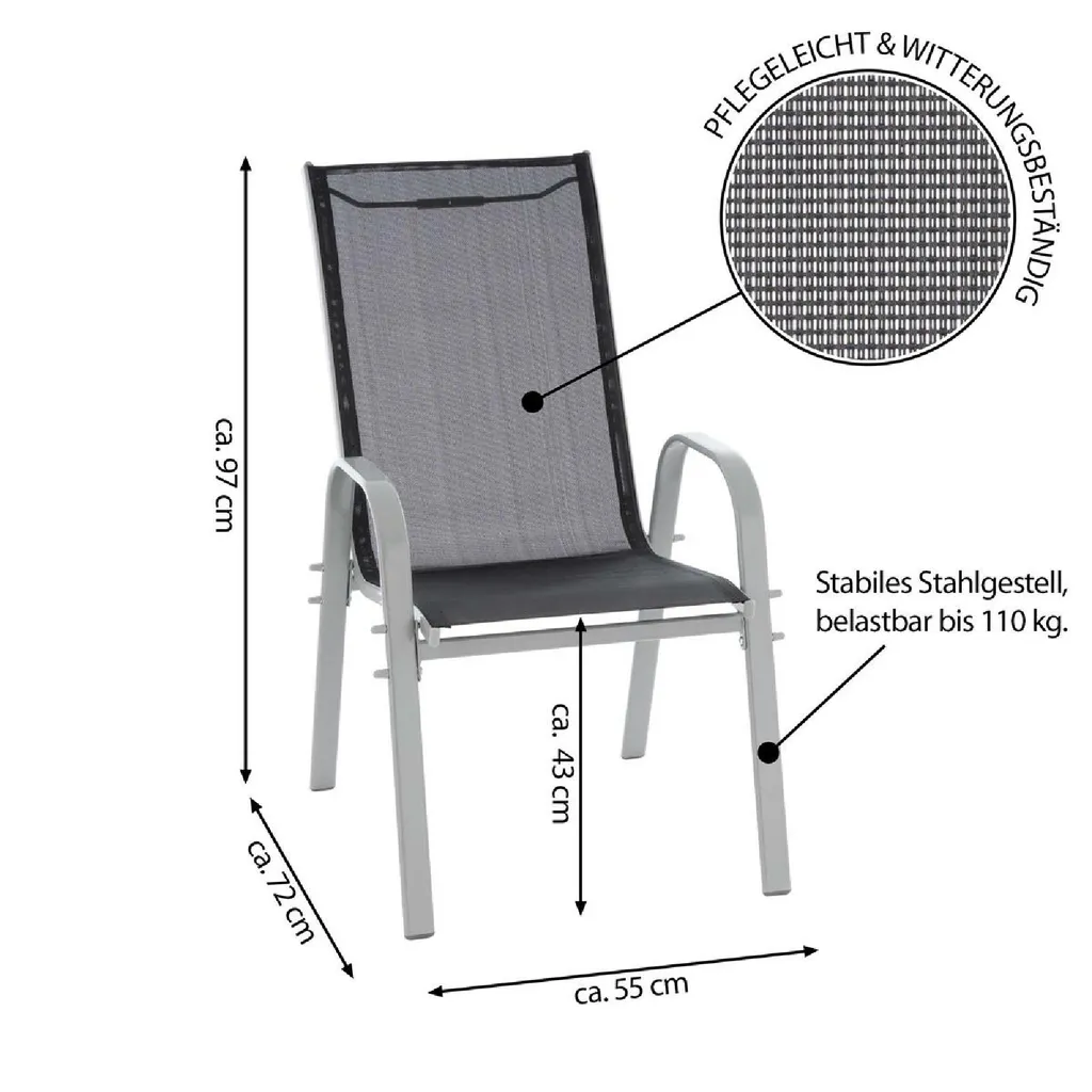 VCM 4er Set Stapelstuhl Rahmen Hellgrau Textilene Schwarz Gartenstuhl Stapelsessel 7 VCM 4er Set Stapelstuhl Rahmen Hellgrau Textilene Schwarz Gartenstuhl Stapelsessel – Bild 7