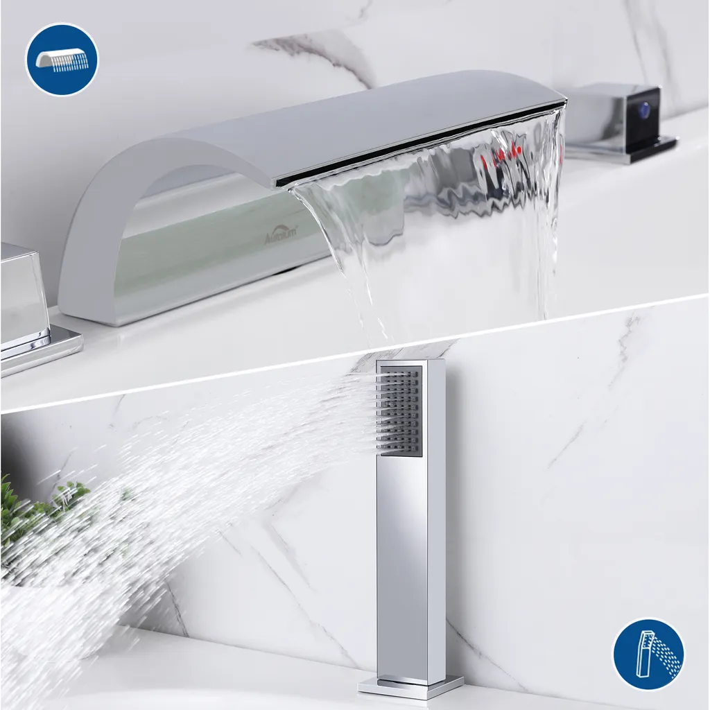 Auralum Badewannenarmatur 5-Loch Armatur Für Badewanne Wasserhahn Wasserfall Wannenbatterie Für Den Wannenrand, Chrom 3 Auralum Badewannenarmatur 5-Loch Armatur Für Badewanne Wasserhahn Wasserfall Wannenbatterie Für Den Wannenrand, Chrom – Bild 3