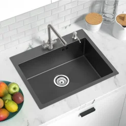 Auralum Rechteckige Küchenspüle 55 × 45 CM, Edelstahl Einbau Spülbecken Inkl. Ablaufgarnitur Und 300ml Seifenspender, Dunkelgrau -Garten- & Gewächshäuser Geschäft bd18c45a10810cb0a22117249259ac70 1