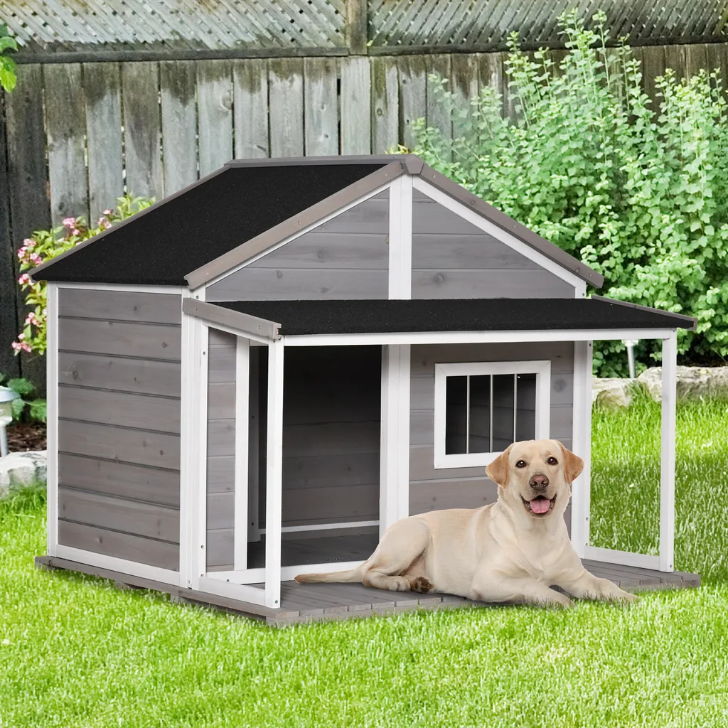 PawHut Hundehütte Aus Massivholz Kleintierhaus Isoliertes Hundehaus Mit Terrasse Asphaltdach Outdoor Wetterfeste Hütte Für Draußen Grau 127 X 112 X 109 Cm 2 PawHut Hundehütte Aus Massivholz Kleintierhaus Isoliertes Hundehaus Mit Terrasse Asphaltdach Outdoor Wetterfeste Hütte Für Draußen Grau 127 X 112 X 109 Cm – Bild 2