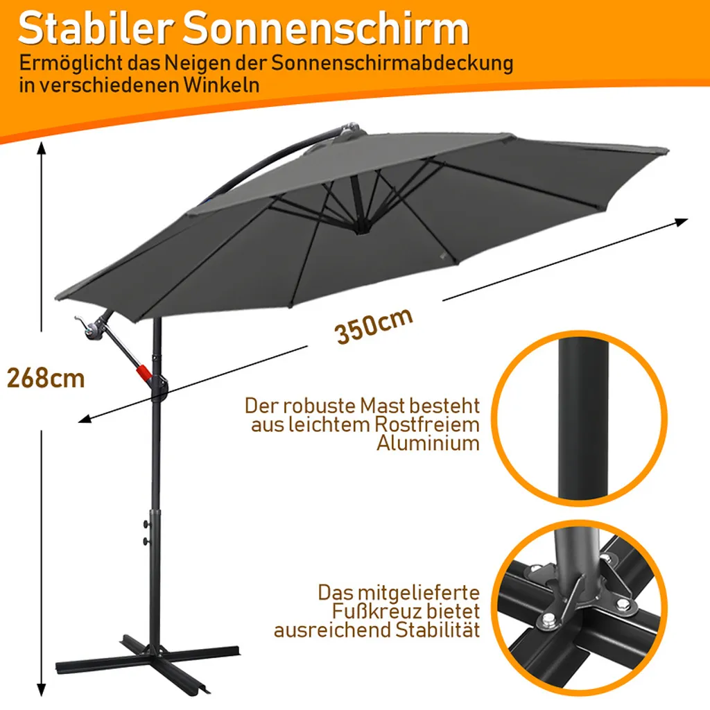 EINFEBEN 3.5m Sonnenschirm Sonnenschirme Gartenschirm Mit LED Solar Ampelschirm Pavillon Kurbelsonnenschirm Alu,Grau,3.5m 2 EINFEBEN 3.5m Sonnenschirm Sonnenschirme Gartenschirm Mit LED Solar Ampelschirm Pavillon Kurbelsonnenschirm Alu,Grau,3.5m – Bild 2