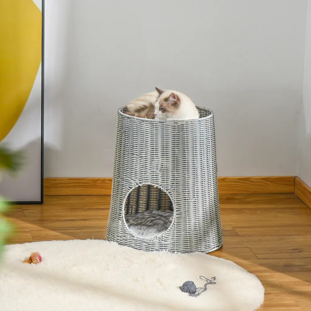 Pawhut Katzenhöhle Aus Rattan Katzenhaus Katzenbett Katzenkorb Mit 2 Kissen Weidenkorb Mit Liegedach Zweistöckig Geschlossenes Design Handgewebt PE-Rattan Baumwolle Grau 45 X 45 X 50 Cm 5 Pawhut Katzenhöhle Aus Rattan Katzenhaus Katzenbett Katzenkorb Mit 2 Kissen Weidenkorb Mit Liegedach Zweistöckig Geschlossenes Design Handgewebt PE-Rattan Baumwolle Grau 45 X 45 X 50 Cm – Bild 5